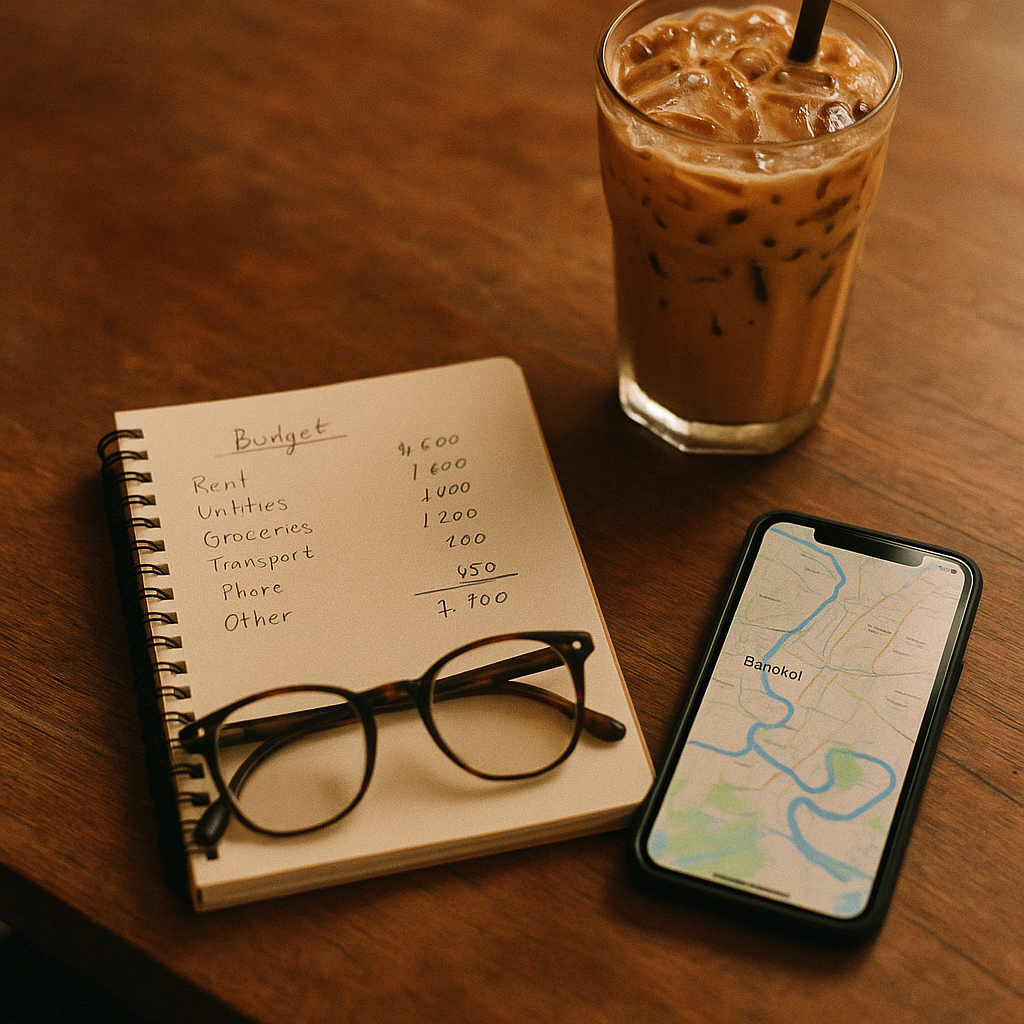 A notebook with a Bangkok move budget and a Thai iced coffee