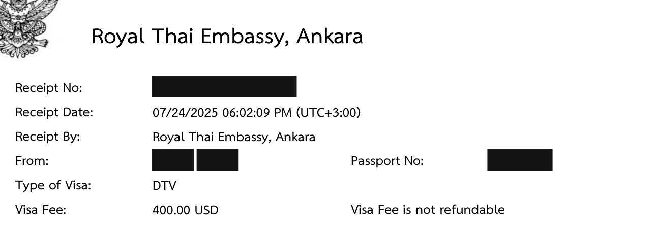 Royal Thai Embassy receipt showing DTV visa fee of 400.00 USD, marked not refundable