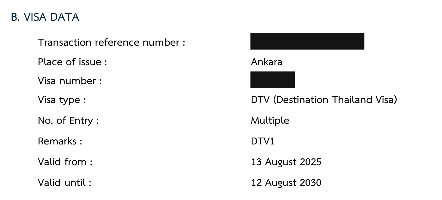 Thai e-Visa data showing DTV type, multiple entry, valid 13 August 2025 to 12 August 2030